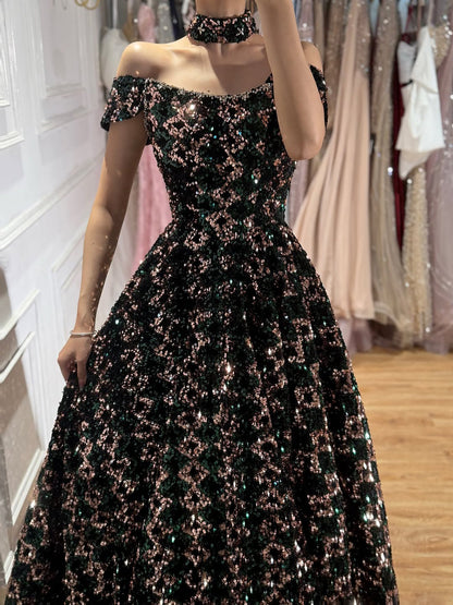 Luxury Off the Shoulder Sequined Beaded A Line Evening Dress LA73826