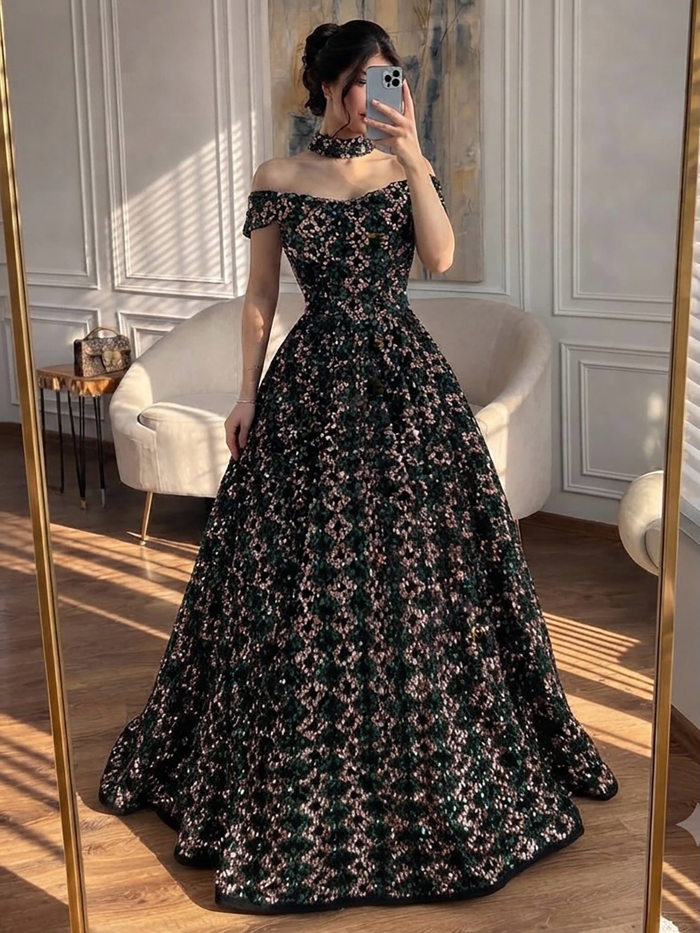 Luxury Off the Shoulder Sequined Beaded A Line Evening Dress LA73826