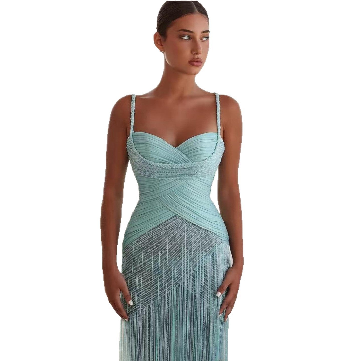 Luxury Tiffany Blue Ruched Beaded Fringe Mermaid Evening Dress LA73833