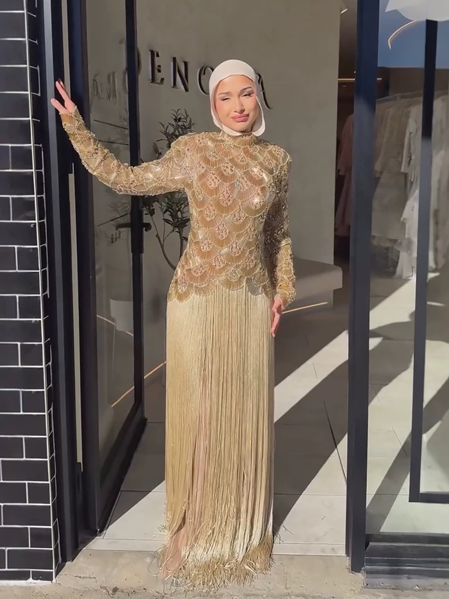 Luxury Gold Beaded High Neck Long Sleeve Tassel Evening Dress LA73834