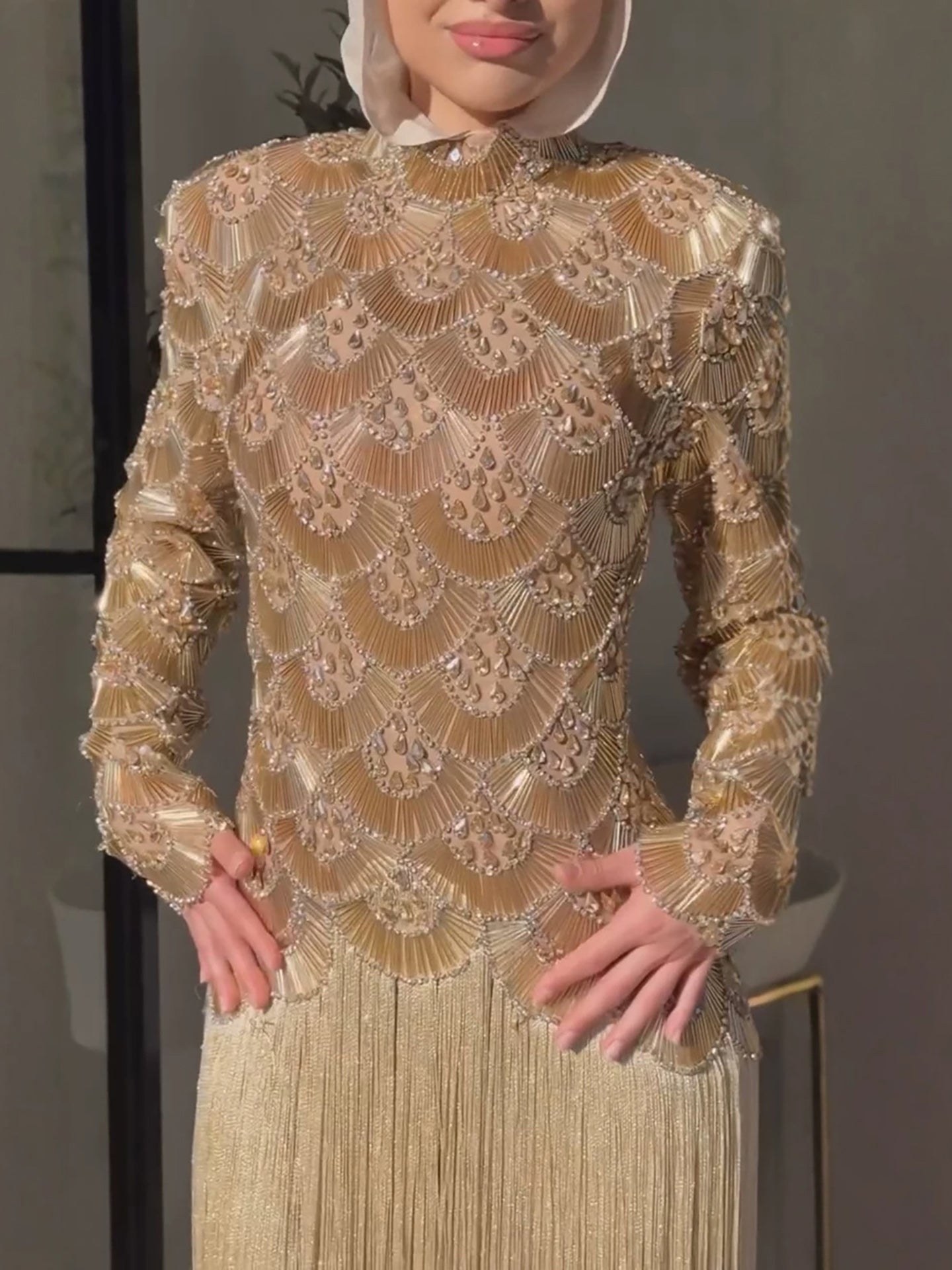 Luxury Gold Beaded High Neck Long Sleeve Tassel Evening Dress LA73834