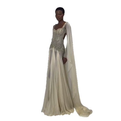 Luxury Butter Yellow Beaded A Line Evening Dress with Cape LA73836