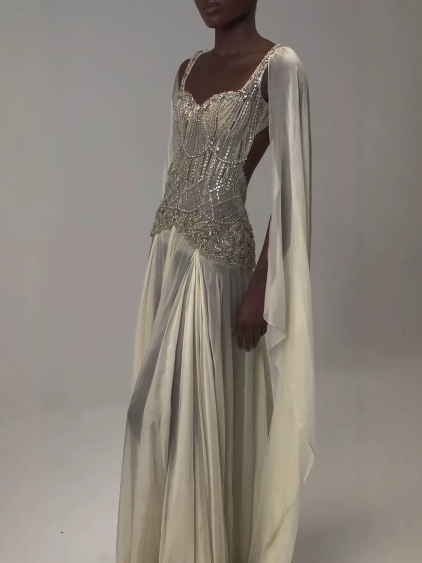 Luxury Butter Yellow Beaded A Line Evening Dress with Cape LA73836
