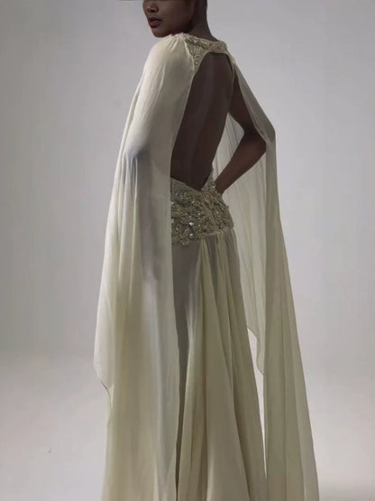 Luxury Butter Yellow Beaded A Line Evening Dress with Cape LA73836