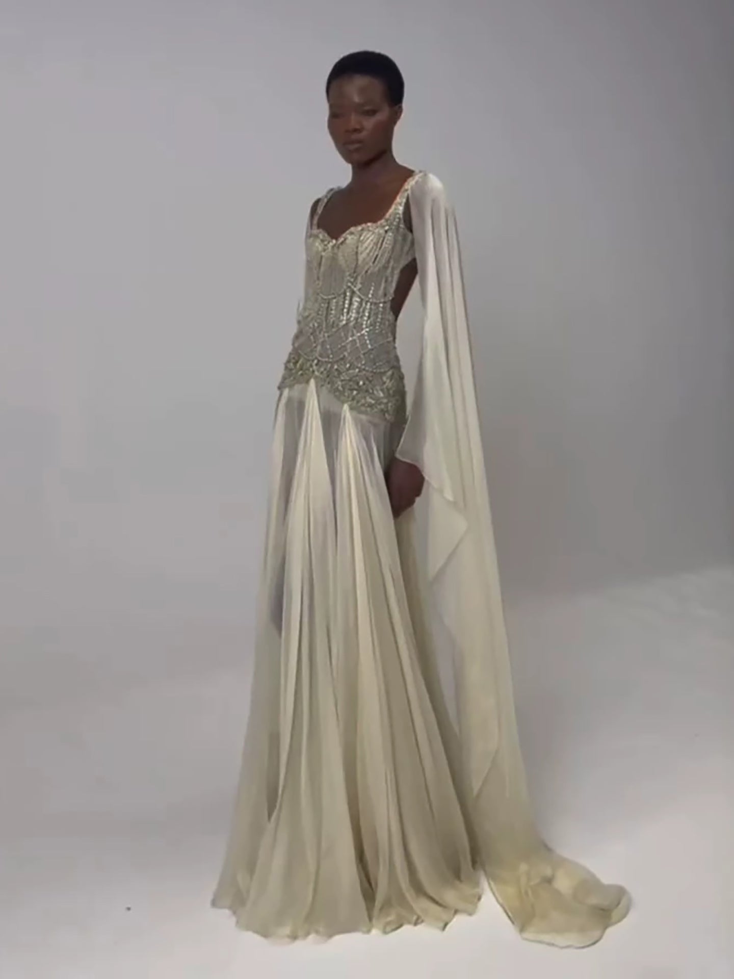 Luxury Butter Yellow Beaded A Line Evening Dress with Cape LA73836