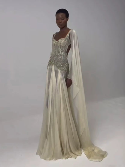 Luxury Butter Yellow Beaded A Line Evening Dress with Cape LA73836