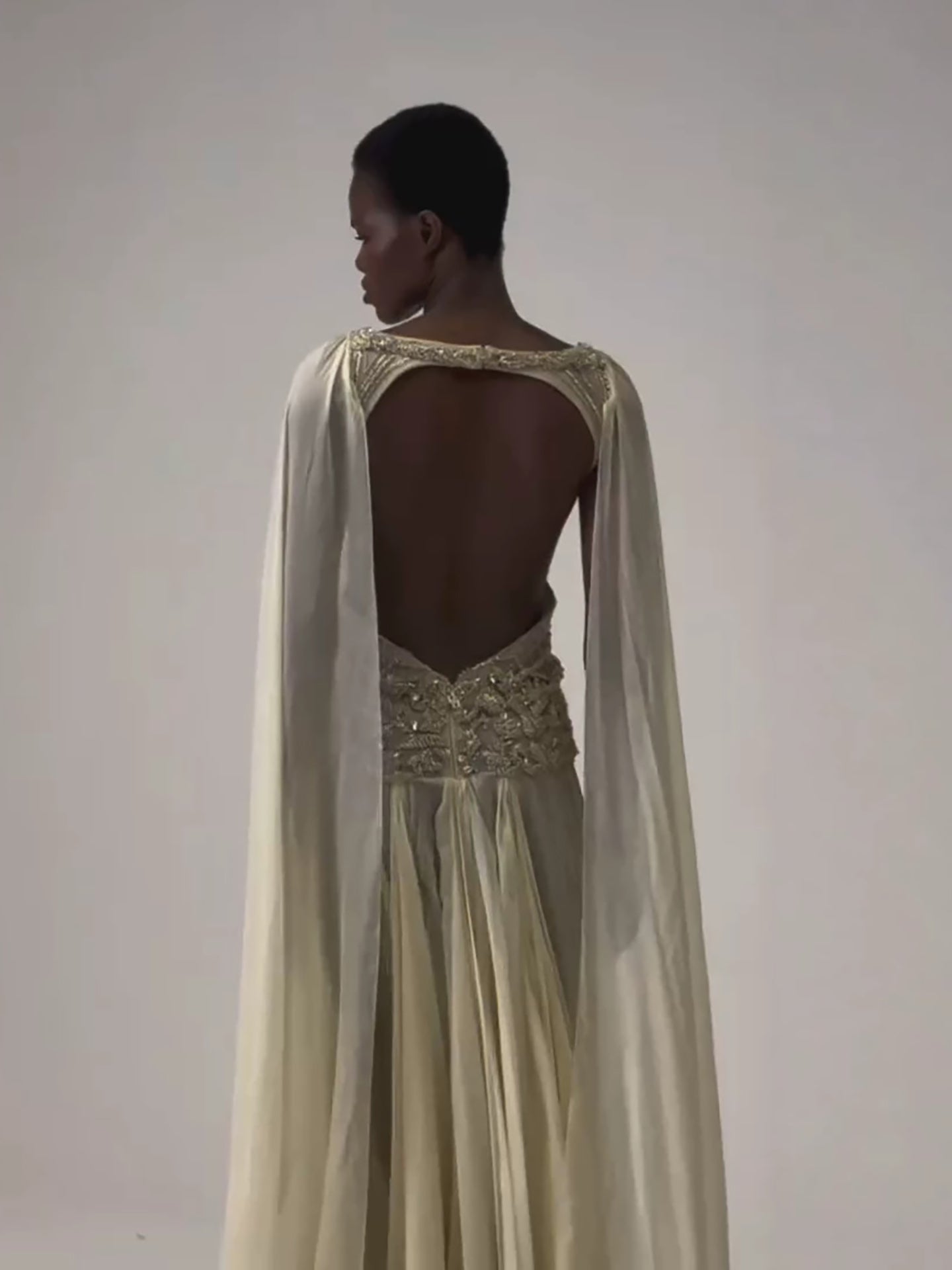 Luxury Butter Yellow Beaded A Line Evening Dress with Cape LA73836