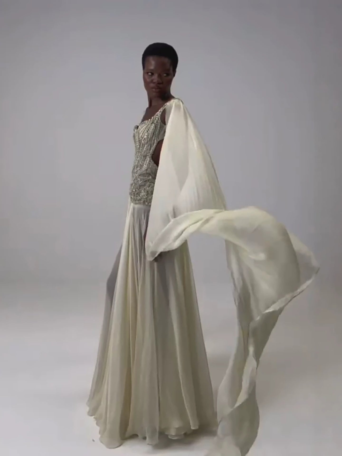 Luxury Butter Yellow Beaded A Line Evening Dress with Cape LA73836