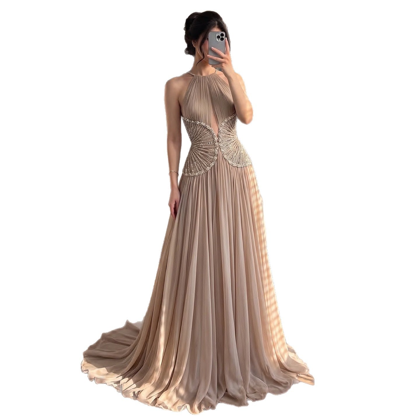 Luxury Nude Halter Beaded Pleated Chiffon A Line Evening Dress LA73838