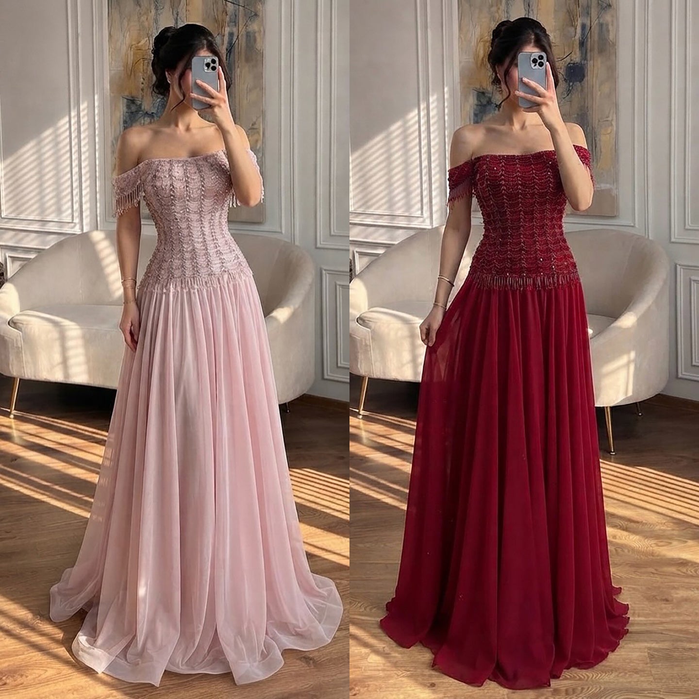 Luxury Pink Off The Shoulder Beaded Tassel Lace Up A Line Dress LA73842