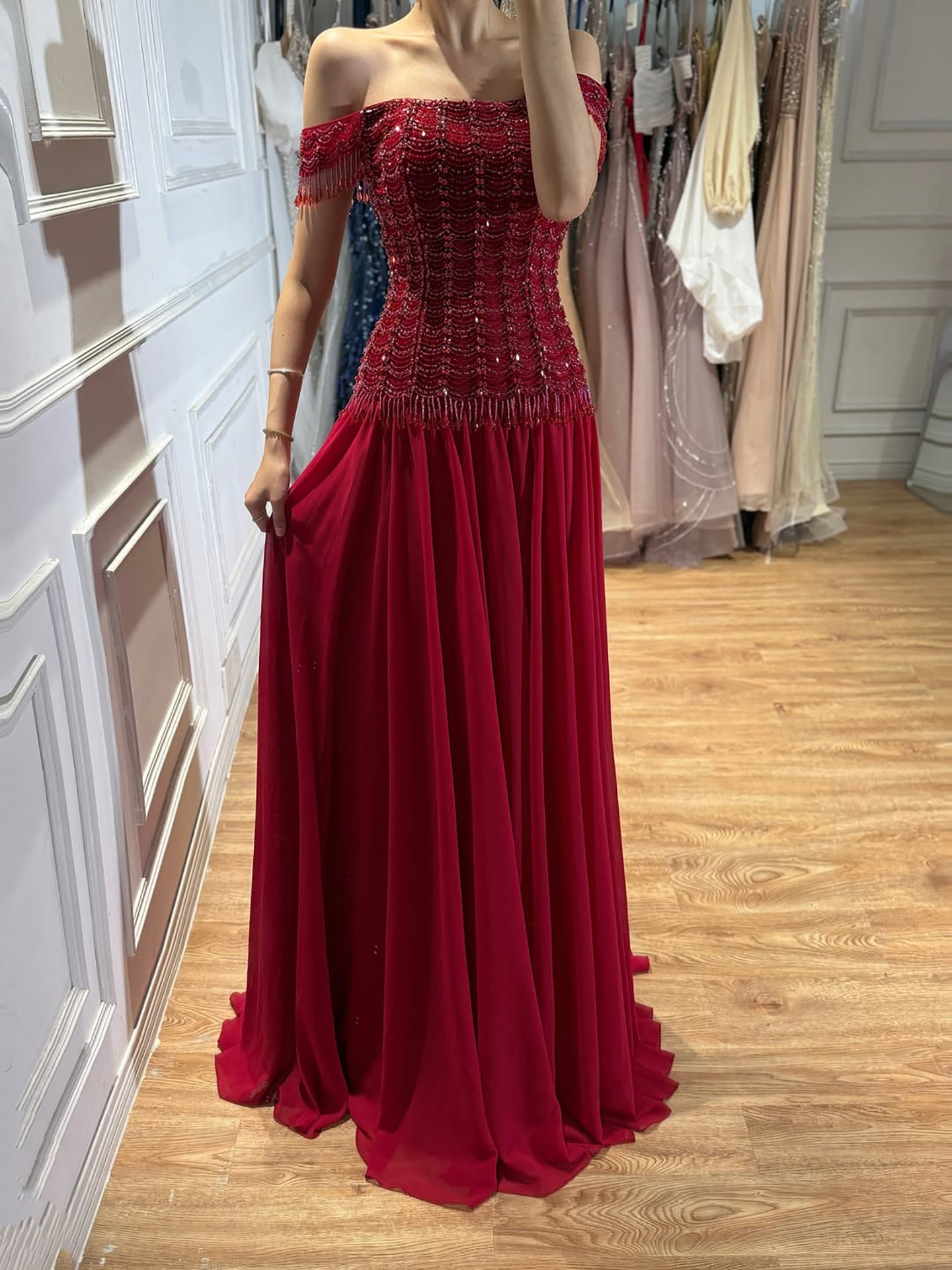 Luxury Pink Off The Shoulder Beaded Tassel Lace Up A Line Dress LA73842