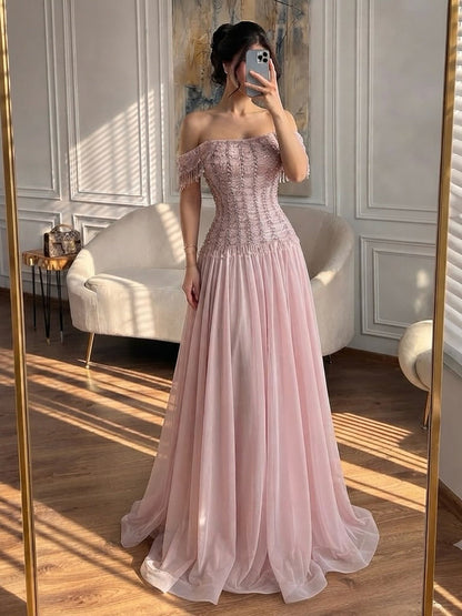 Luxury Pink Off The Shoulder Beaded Tassel Lace Up A Line Dress LA73842