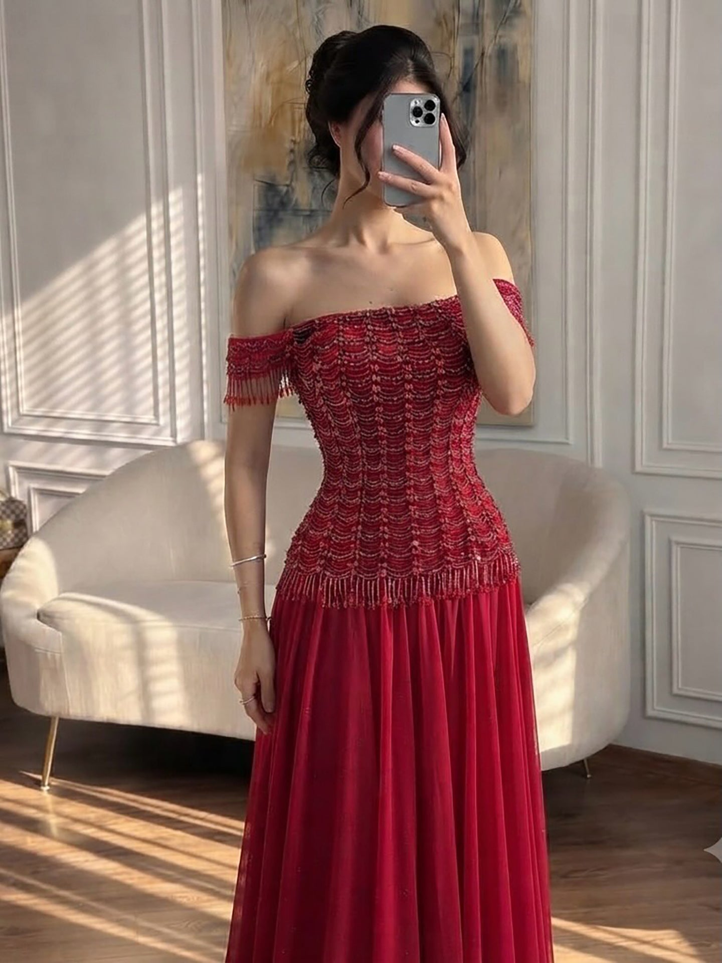 Luxury Pink Off The Shoulder Beaded Tassel Lace Up A Line Dress LA73842