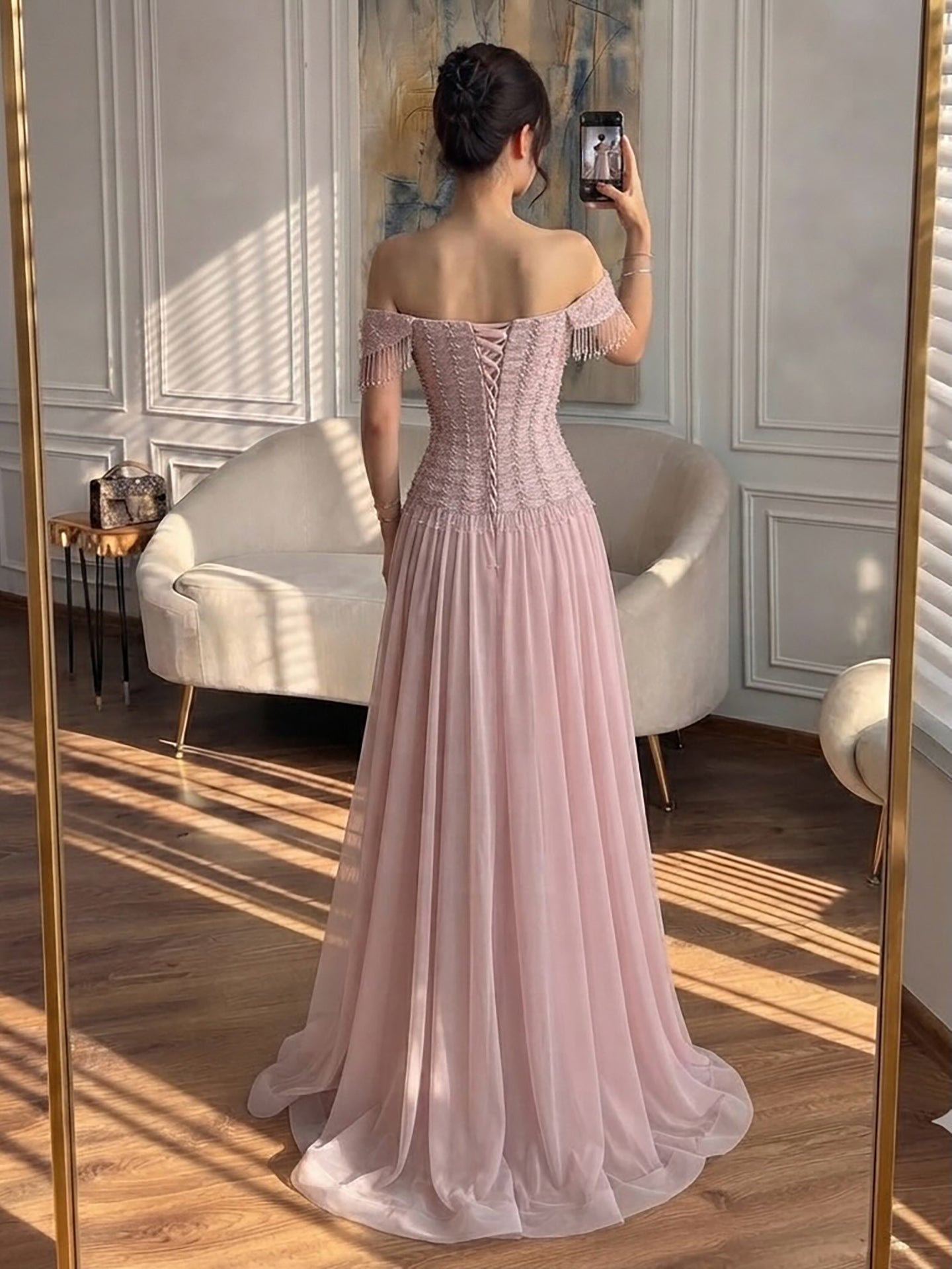 Luxury Pink Off The Shoulder Beaded Tassel Lace Up A Line Dress LA73842