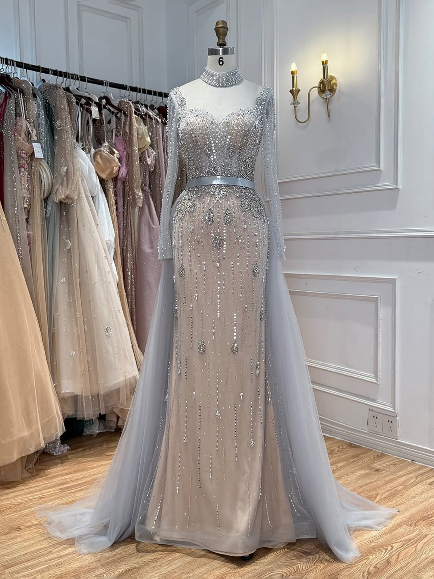 Luxury Gray Nude Pearls Beaded Mermaid Evening Dress Overskirt LA73884