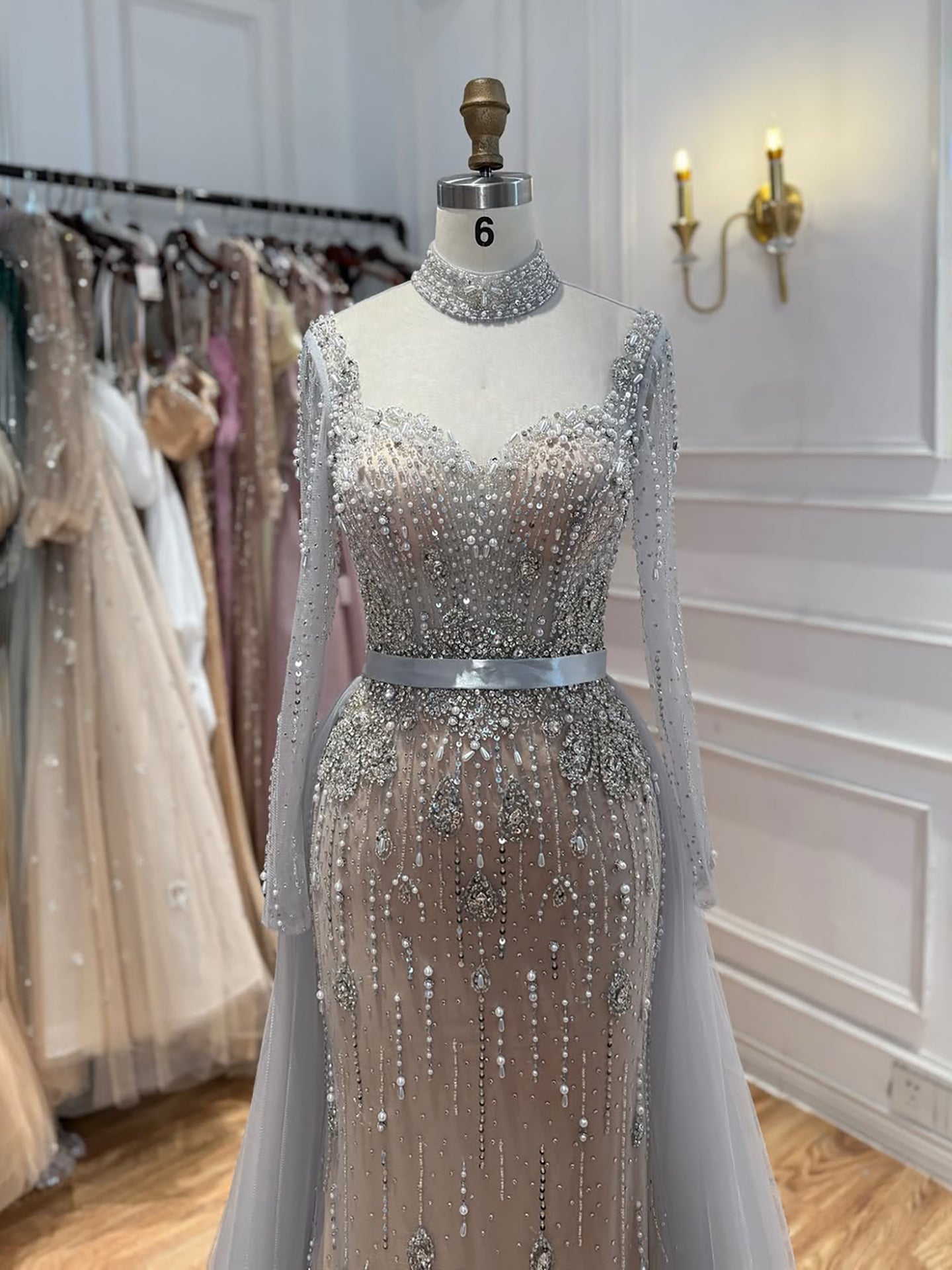 Luxury Gray Nude Pearls Beaded Mermaid Evening Dress Overskirt LA73884