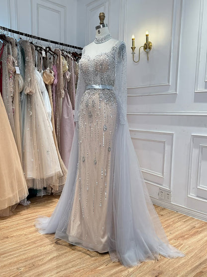 Luxury Gray Nude Pearls Beaded Mermaid Evening Dress Overskirt LA73884