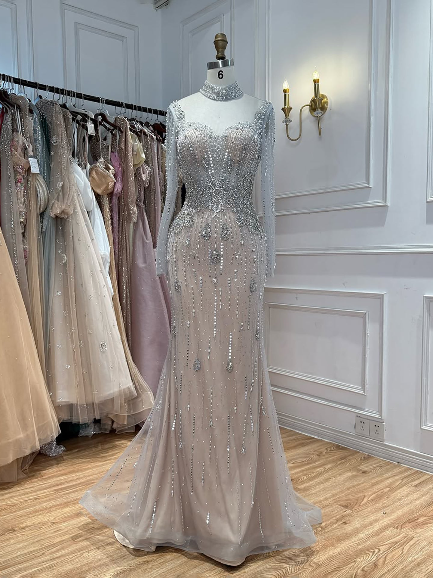 Luxury Gray Nude Pearls Beaded Mermaid Evening Dress Overskirt LA73884
