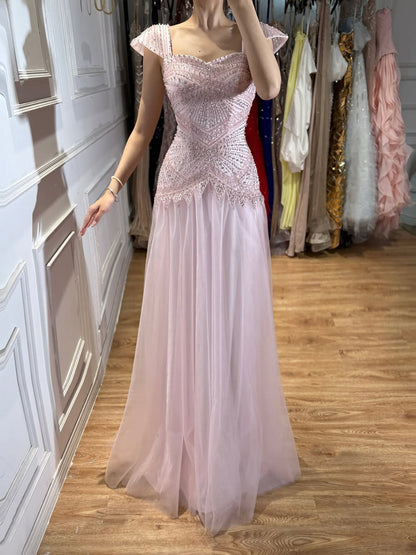 Luxury Pink Beaded Cap Sleeve Lace Up A-Line Dress LA73844