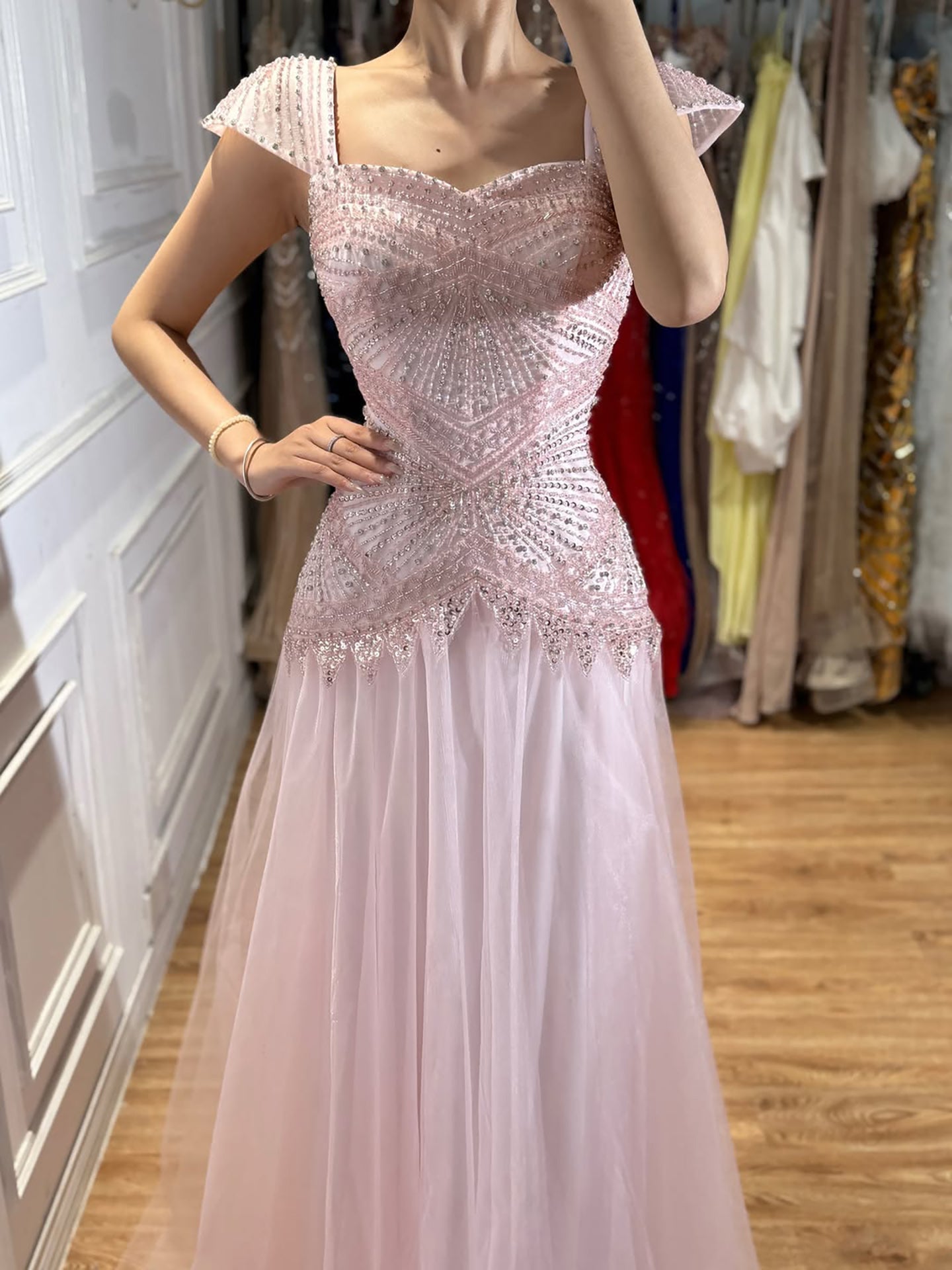 Luxury Pink Beaded Cap Sleeve Lace Up A-Line Dress LA73844