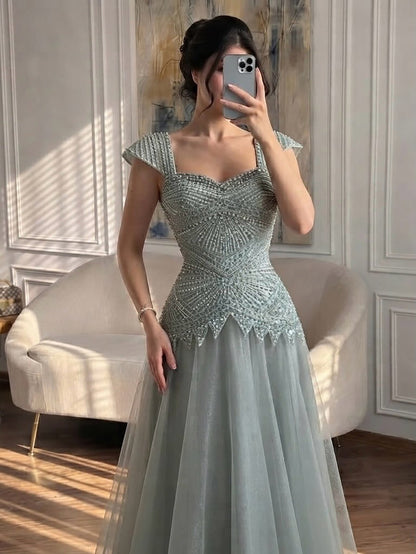 Luxury Pink Beaded Cap Sleeve Lace Up A-Line Dress LA73844