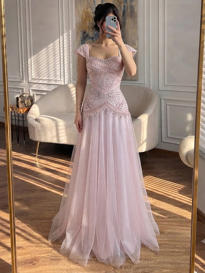 Luxury Pink Beaded Cap Sleeve Lace Up A-Line Dress LA73844