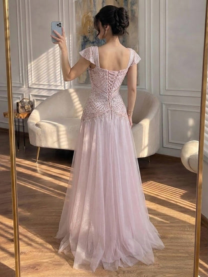 Luxury Pink Beaded Cap Sleeve Lace Up A-Line Dress LA73844