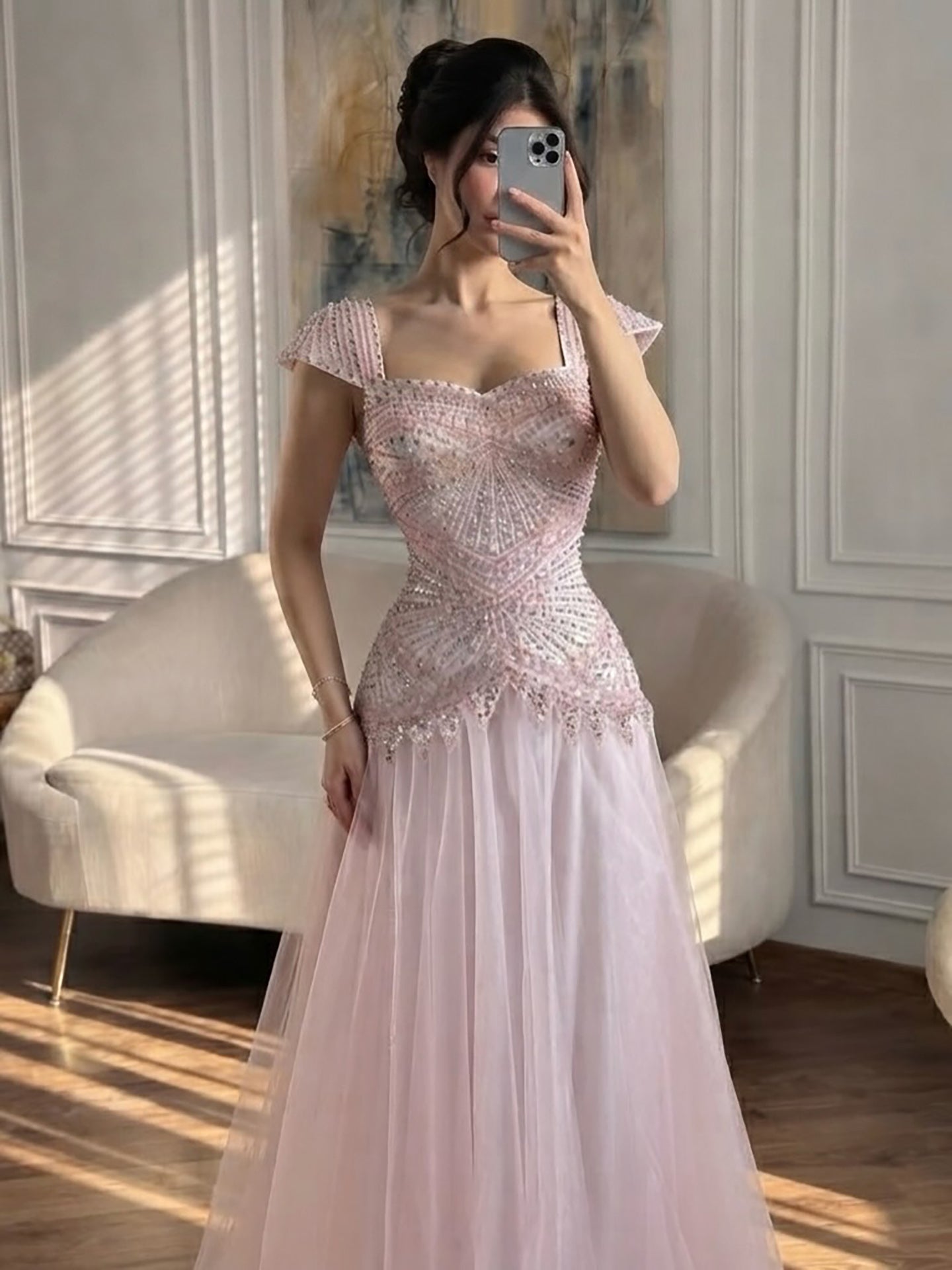 Luxury Pink Beaded Cap Sleeve Lace Up A-Line Dress LA73844