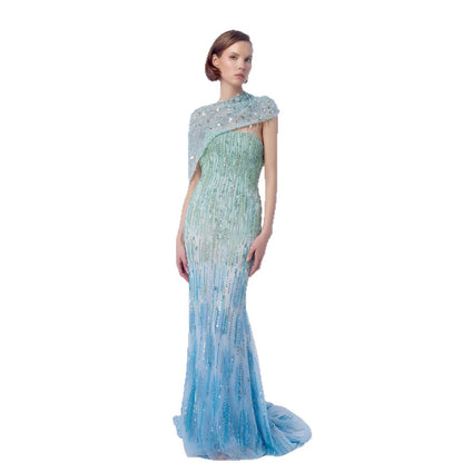 Luxury Blue One Shoulder Ombre Beaded Backless Mermaid Dress LA73845