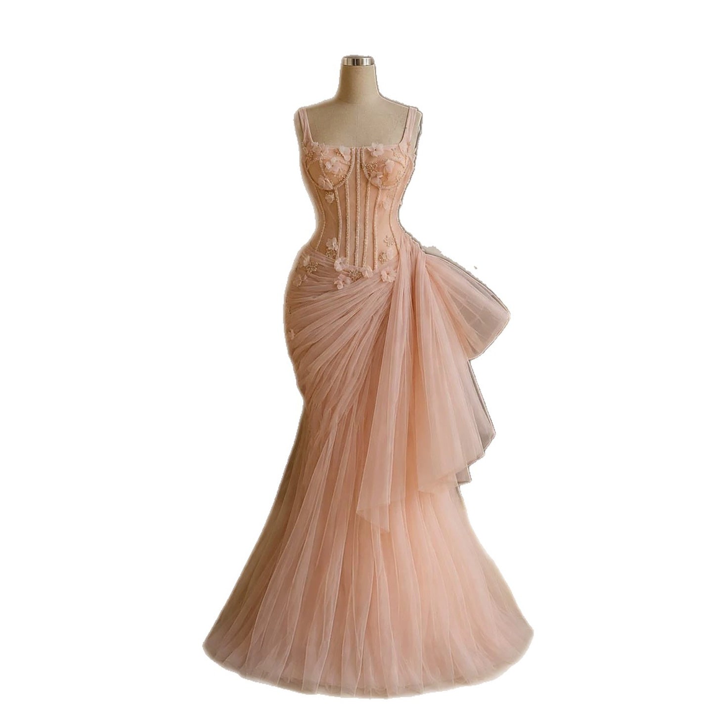 Luxury Pink Square Neck 3D Floral Asymmetric Draped Mermaid Dress LA73847