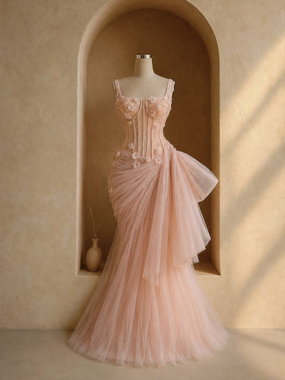Luxury Pink Square Neck 3D Floral Asymmetric Draped Mermaid Dress LA73847