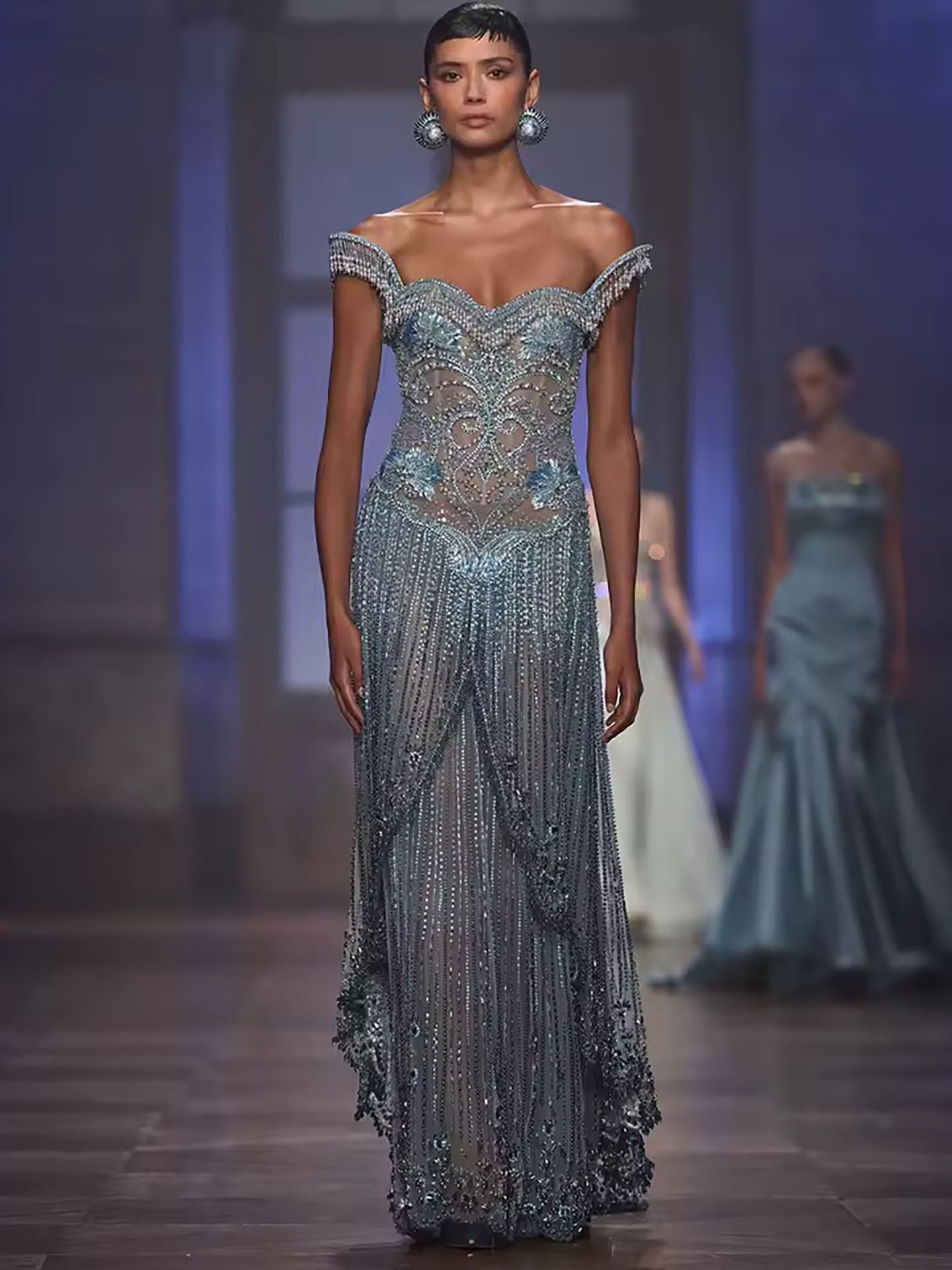 Luxury Blue Off Shoulder Tassel Beaded Arabic Evening Dress LA73851