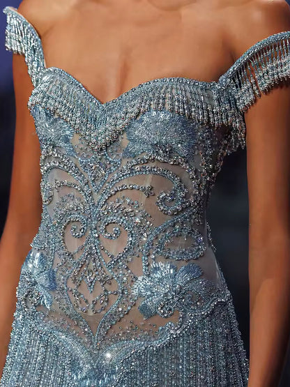 Luxury Blue Off Shoulder Tassel Beaded Arabic Evening Dress LA73851