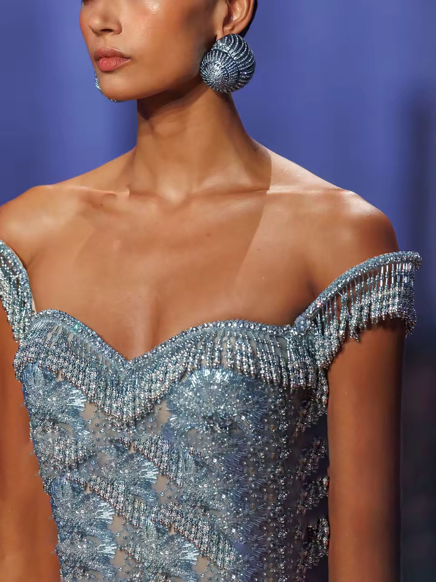 Luxury Blue Off Shoulder Tassel Beaded Arabic Evening Dress LA73851