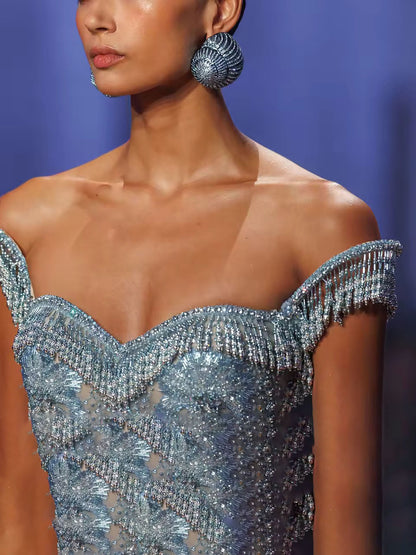 Luxury Blue Off Shoulder Tassel Beaded Arabic Evening Dress LA73851