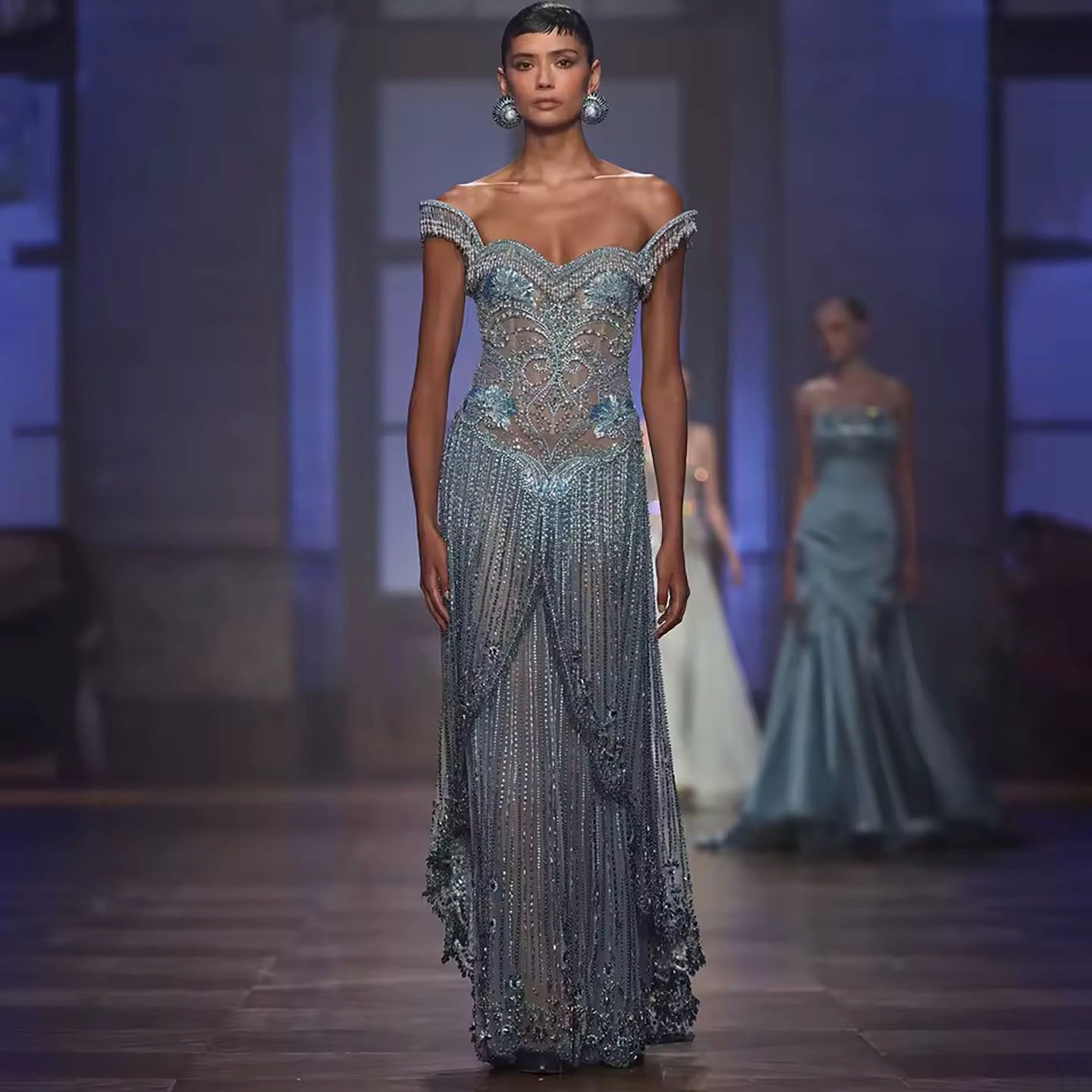 Luxury Blue Off Shoulder Tassel Beaded Arabic Evening Dress LA73851