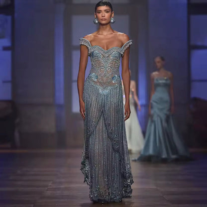 Luxury Blue Off Shoulder Tassel Beaded Arabic Evening Dress LA73851