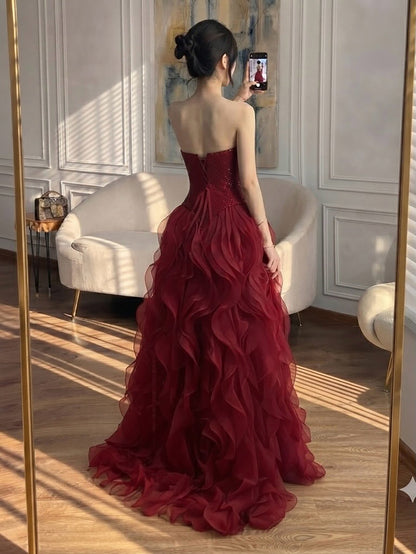 Luxury Wine Red Strapless Basque Shimmering Cascading Ruffle Dress LA73852