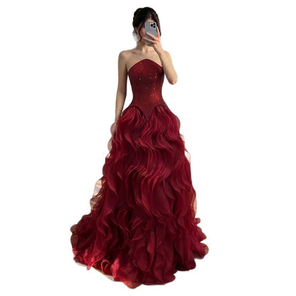 Luxury Wine Red Strapless Basque Shimmering Cascading Ruffle Dress LA73852