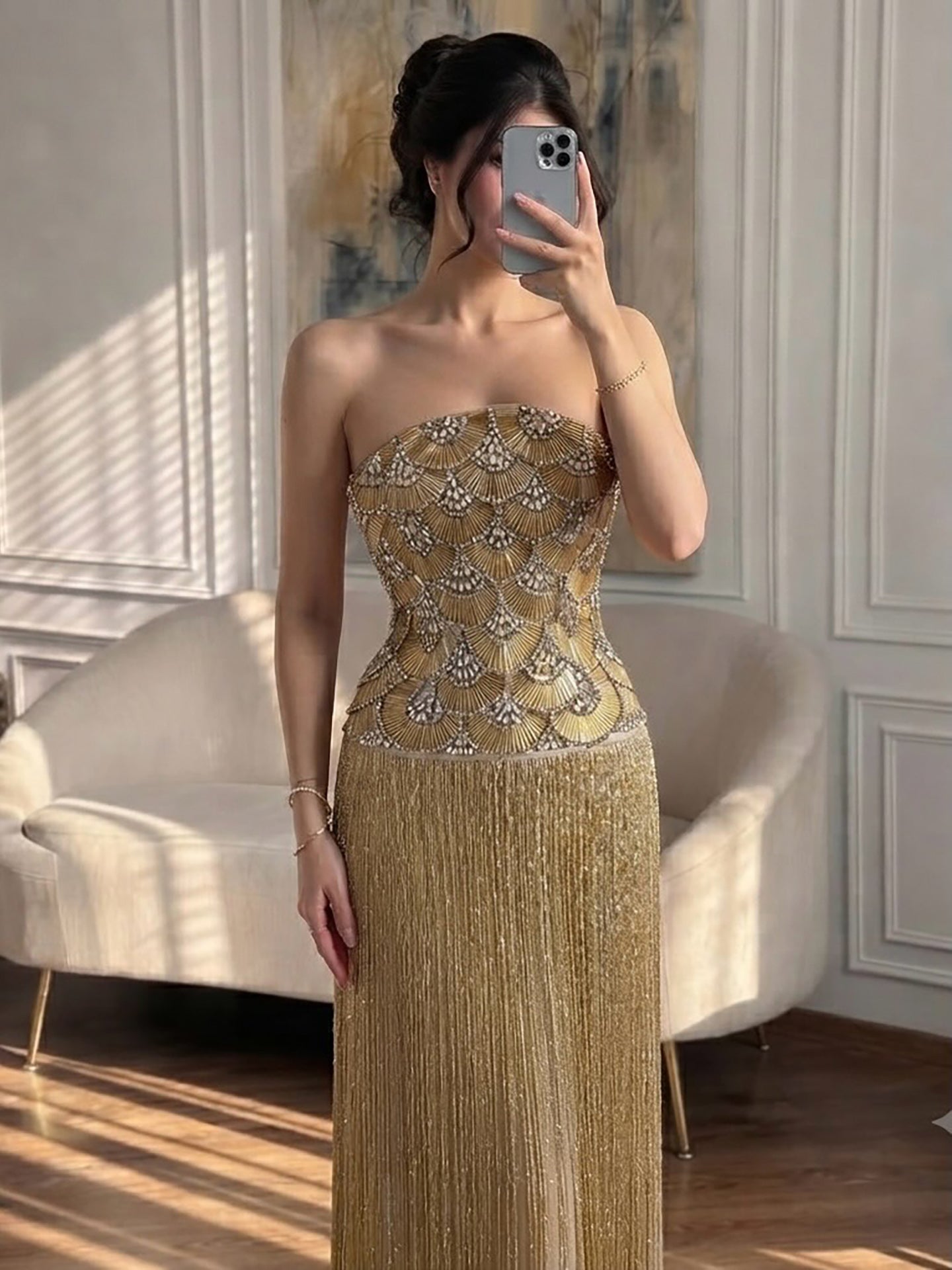 Luxury Gold Beaded Fringe Strapless Art Deco Dress LA73853
