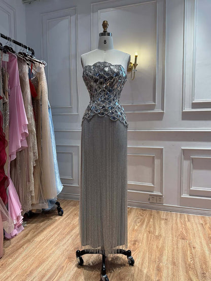 Luxury Silver Mirror Beaded Tassel Straight Evening Dress LA73853A
