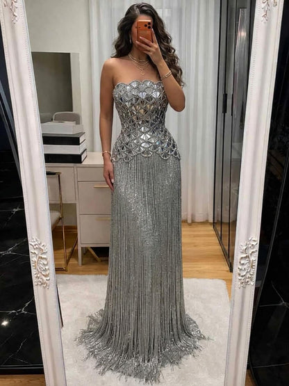 Luxury Silver Mirror Beaded Tassel Straight Evening Dress LA73853A