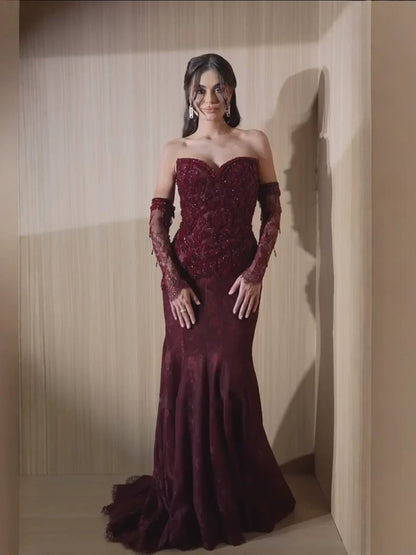 Wine Red Strapless Lace Beaded Detachable Long Sleeve Dress LA73855