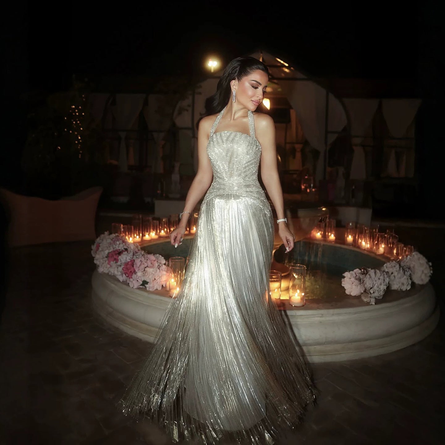 Luxury Silver Halter Beaded Shimmering Fringe Gown LA73856