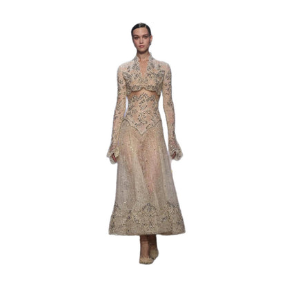 Luxury Nude High Neck Cut Out Beaded Lace A-Line Dress LA73857