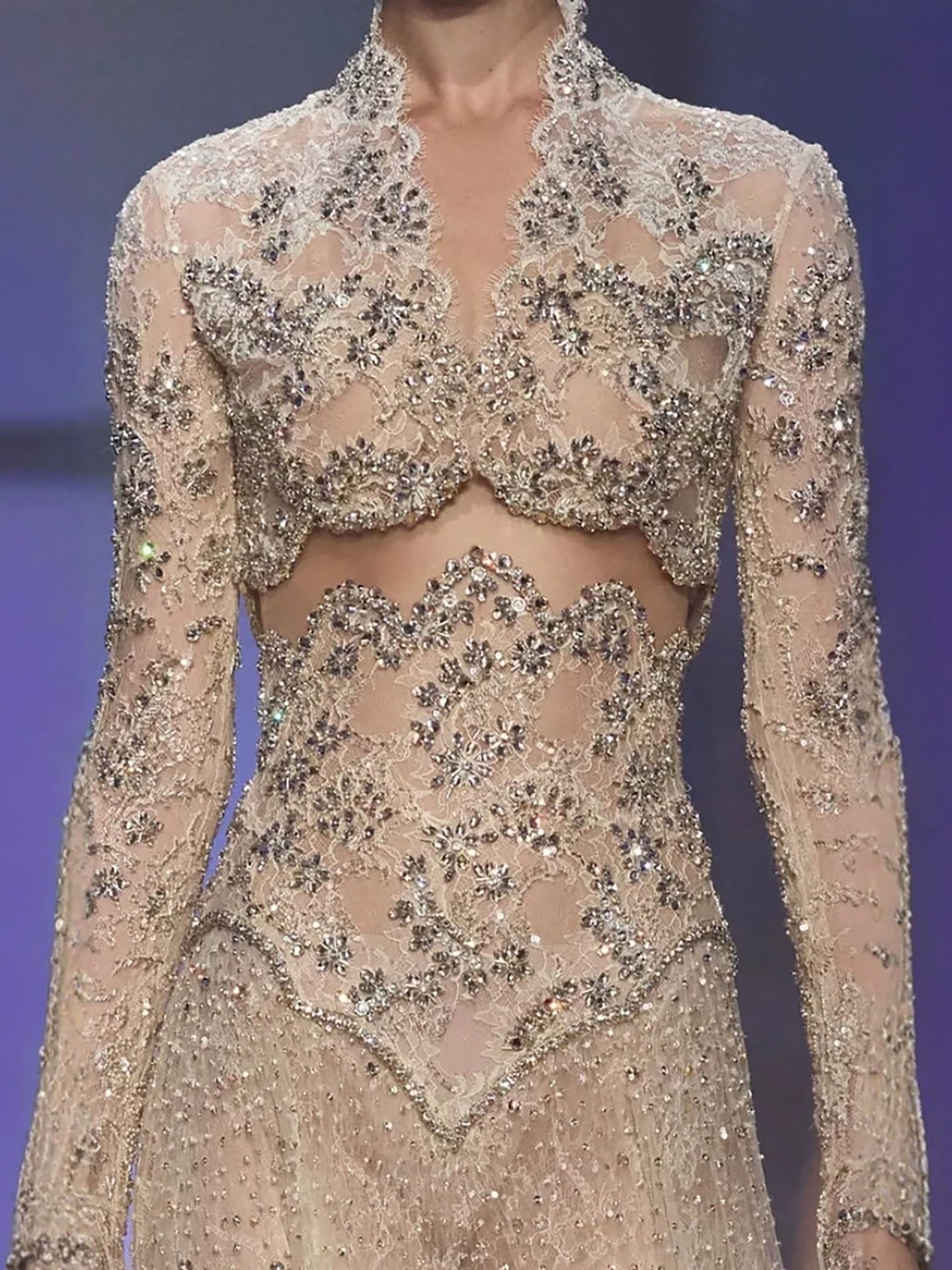 Luxury Nude High Neck Cut Out Beaded Lace A-Line Dress LA73857