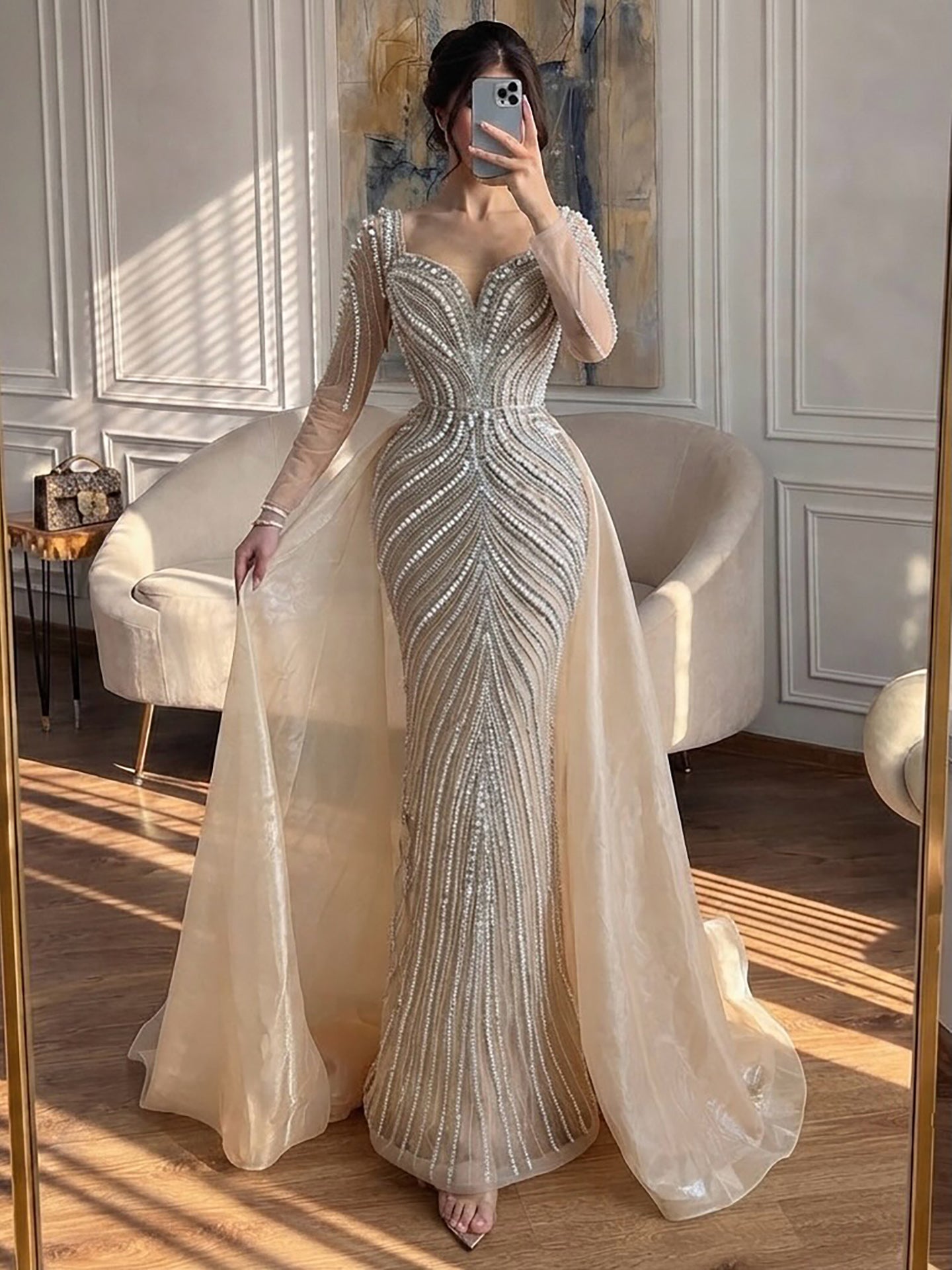 Luxury Nude Long Sleeve Pearl Beaded Mermaid Evening Dress LA73858