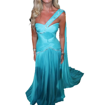 Luxury Aqua Blue One Shoulder Beaded Ruched Chiffon Dress LA73860