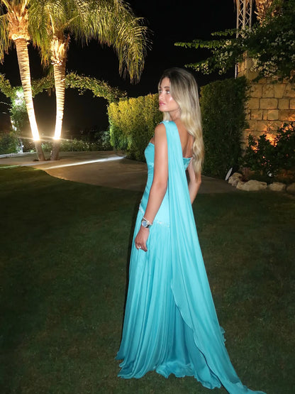 Luxury Aqua Blue One Shoulder Beaded Ruched Chiffon Dress LA73860