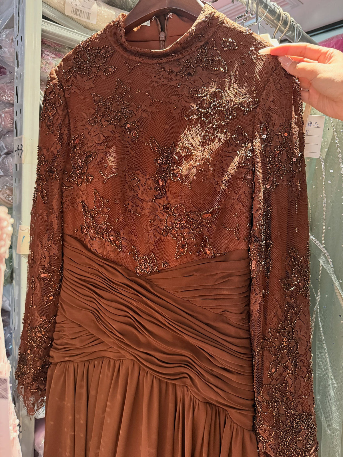 Luxury Coffee Muslim Long Sleeve Beaded Lace A Line Dress LA73862